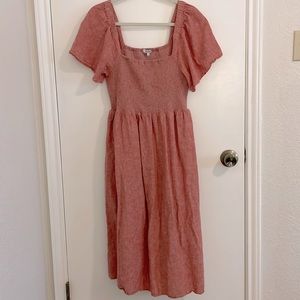 MADEWELL Linen Blend Lucie Smocked Midi Dress, Pink, Large